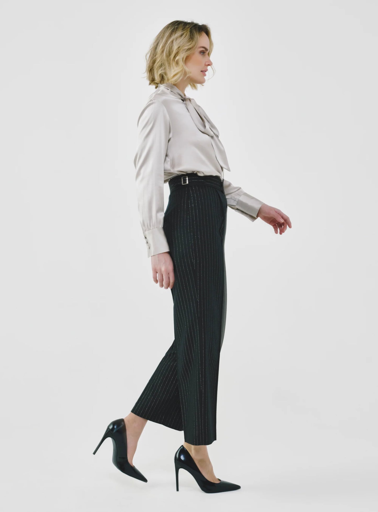 Pinstripe High-Waist Tailored Pants