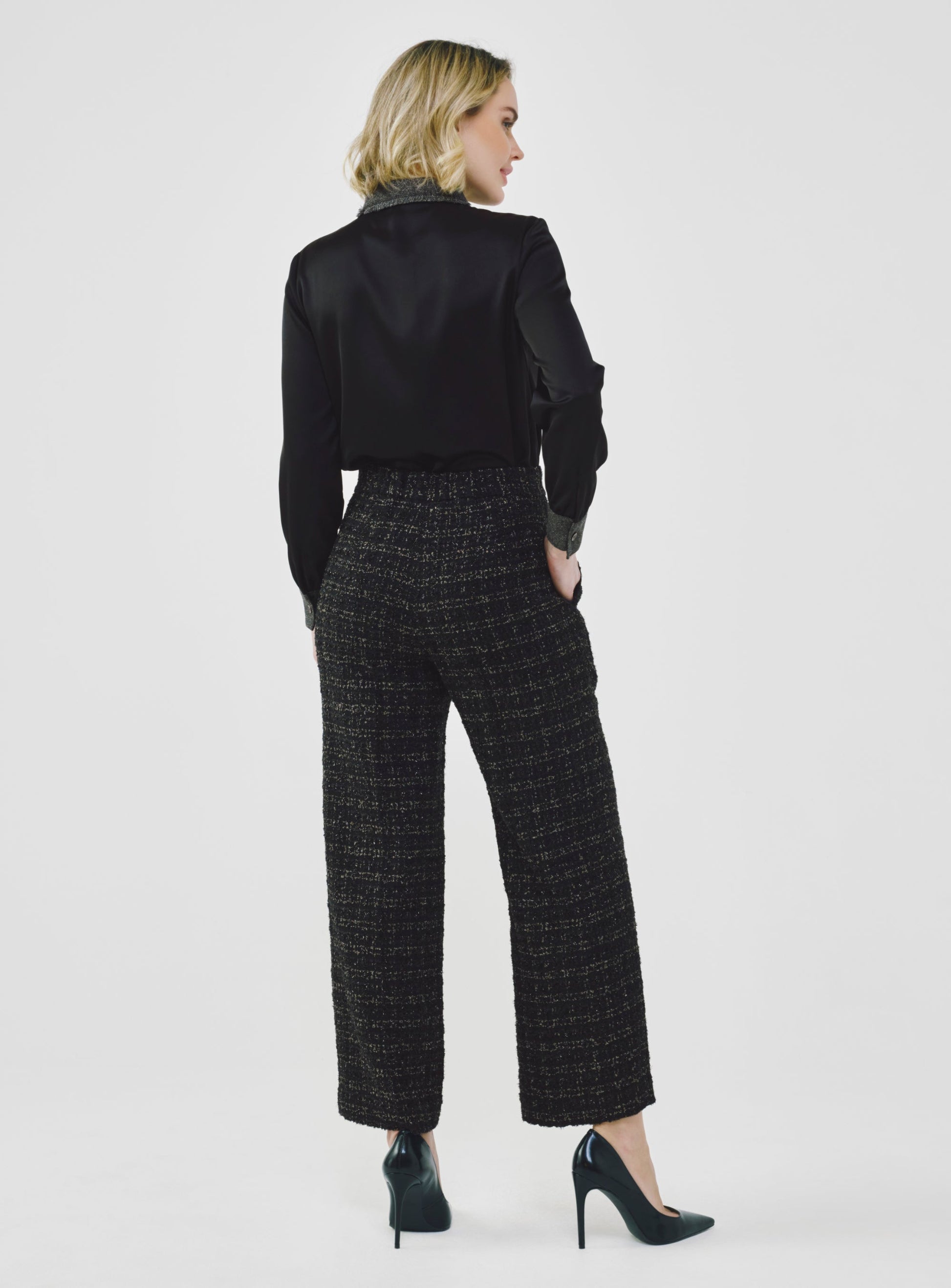 Fancy Tweed Wide Leg Pants with Elastic Waistband