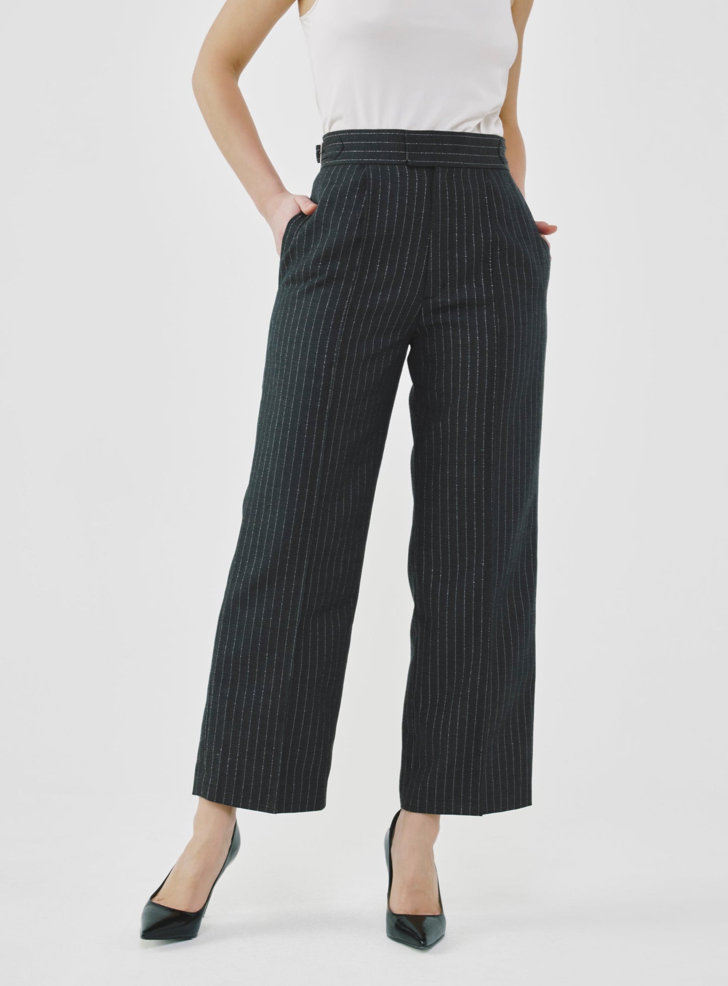 Pinstripe High-Waist Tailored Pants