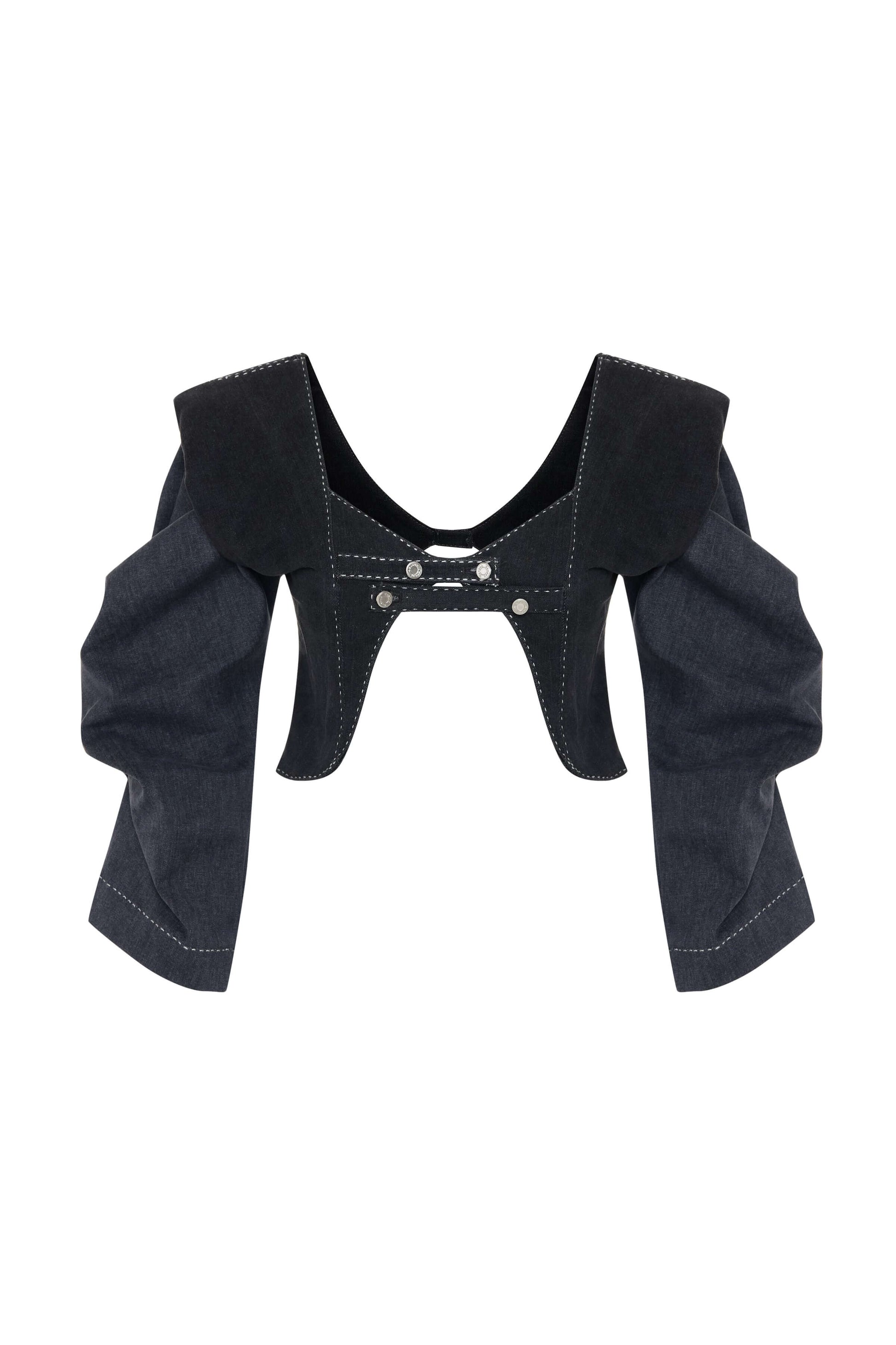 JENDUE Lilia Jacket - Cropped Puff Sleeve Denim Bolero