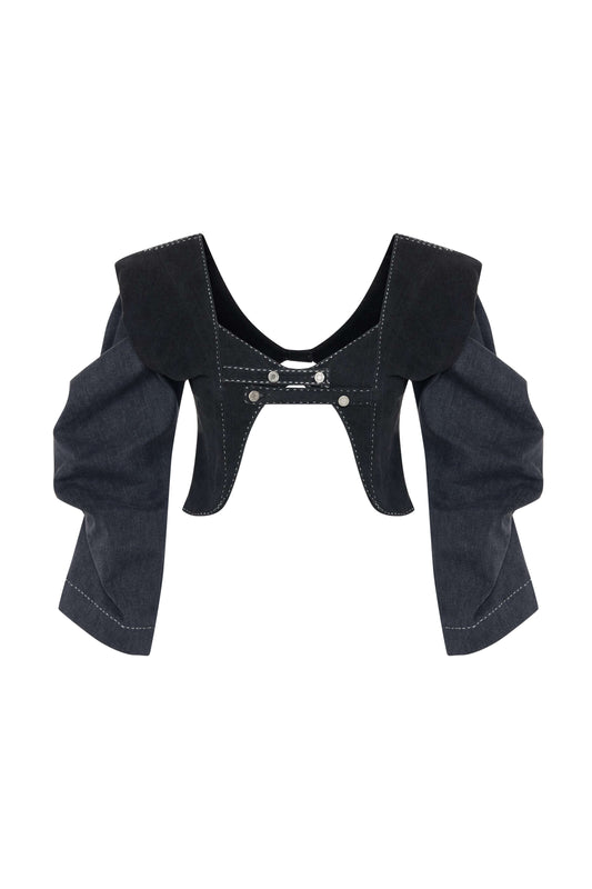 JENDUE Lilia Jacket - Cropped Puff Sleeve Denim Bolero