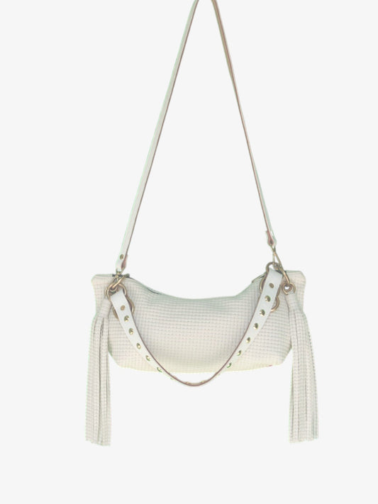 Blair Shoulder Bag, Cream Embossed Leather/Tassels