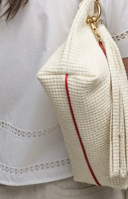 Blair Shoulder Bag, Cream Embossed Leather/Tassels