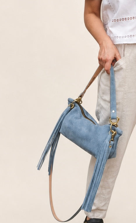 Blair Shoulder Bag, Denim Printed Leather/Tassels