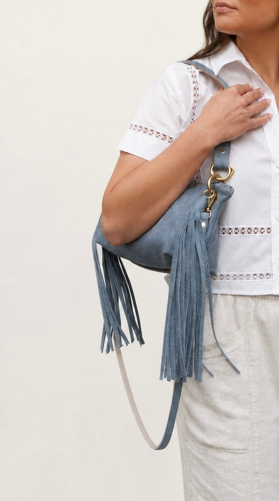 Blair Shoulder Bag, Denim Printed Leather/Tassels