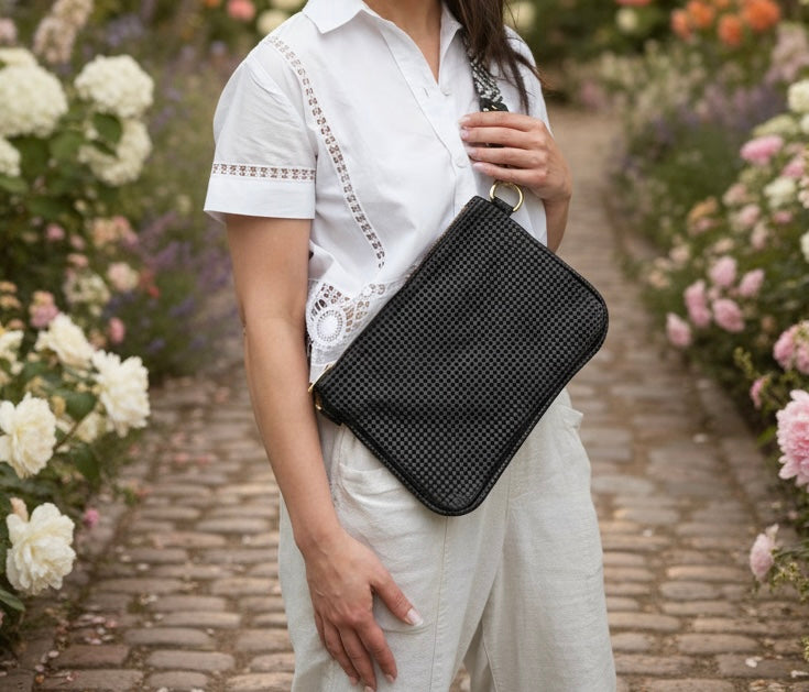 Alice Crossbody Bag, Black Embossed Leather