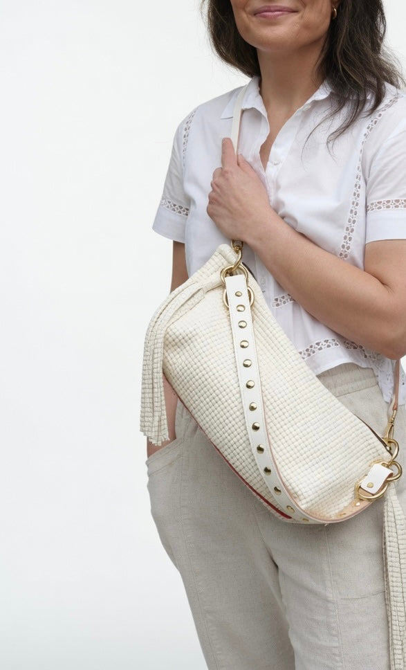 Blair Shoulder Bag, Cream Embossed Leather/Tassels