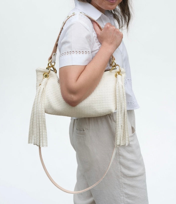 Blair Shoulder Bag, Cream Embossed Leather/Tassels