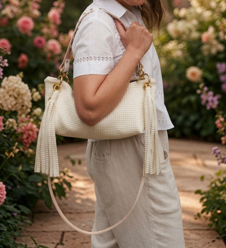 Blair Shoulder Bag, Cream Embossed Leather/Tassels
