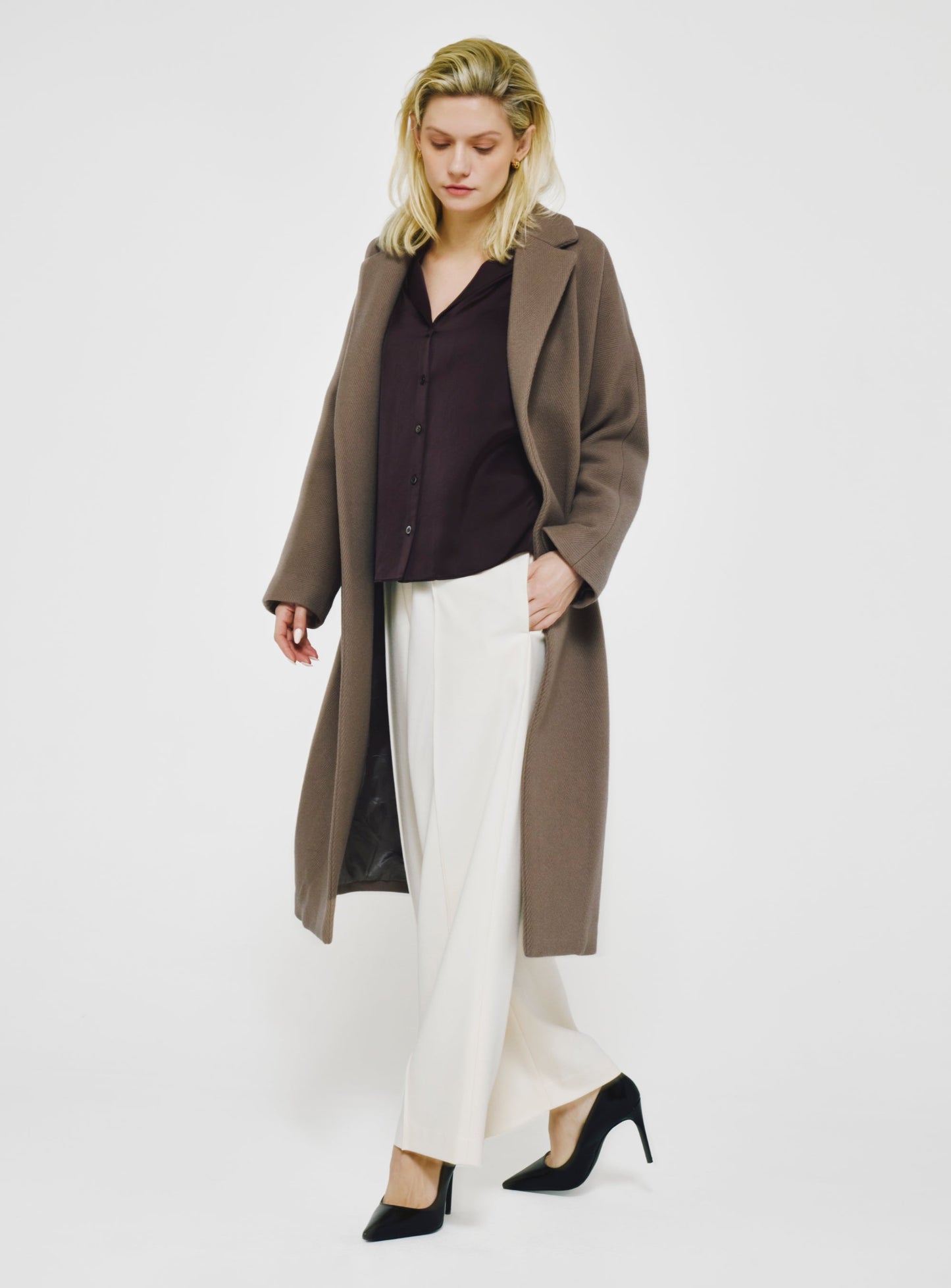 Herringbone Virgin Wool Wrap Coat