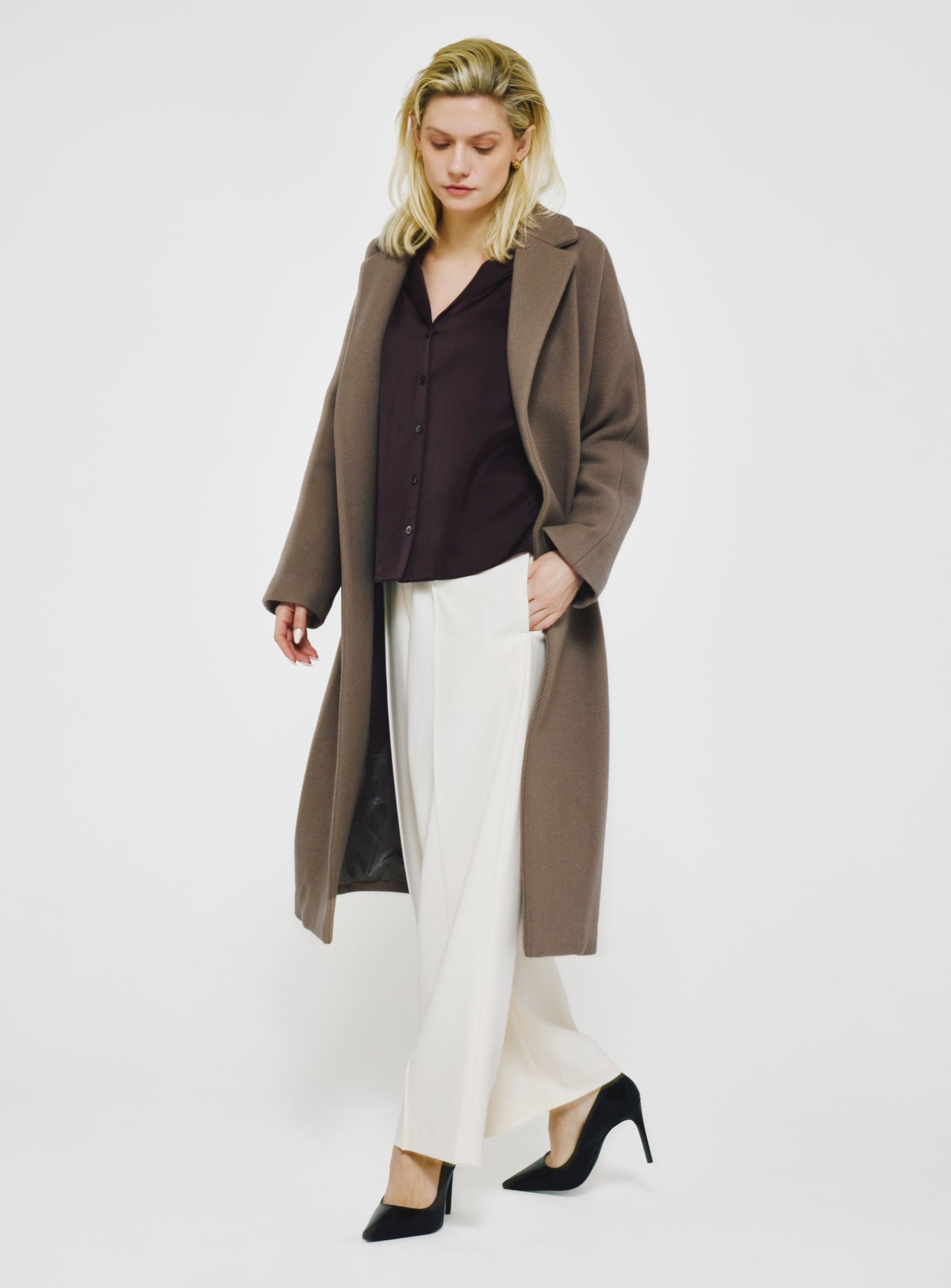 Herringbone Virgin Wool Wrap Coat