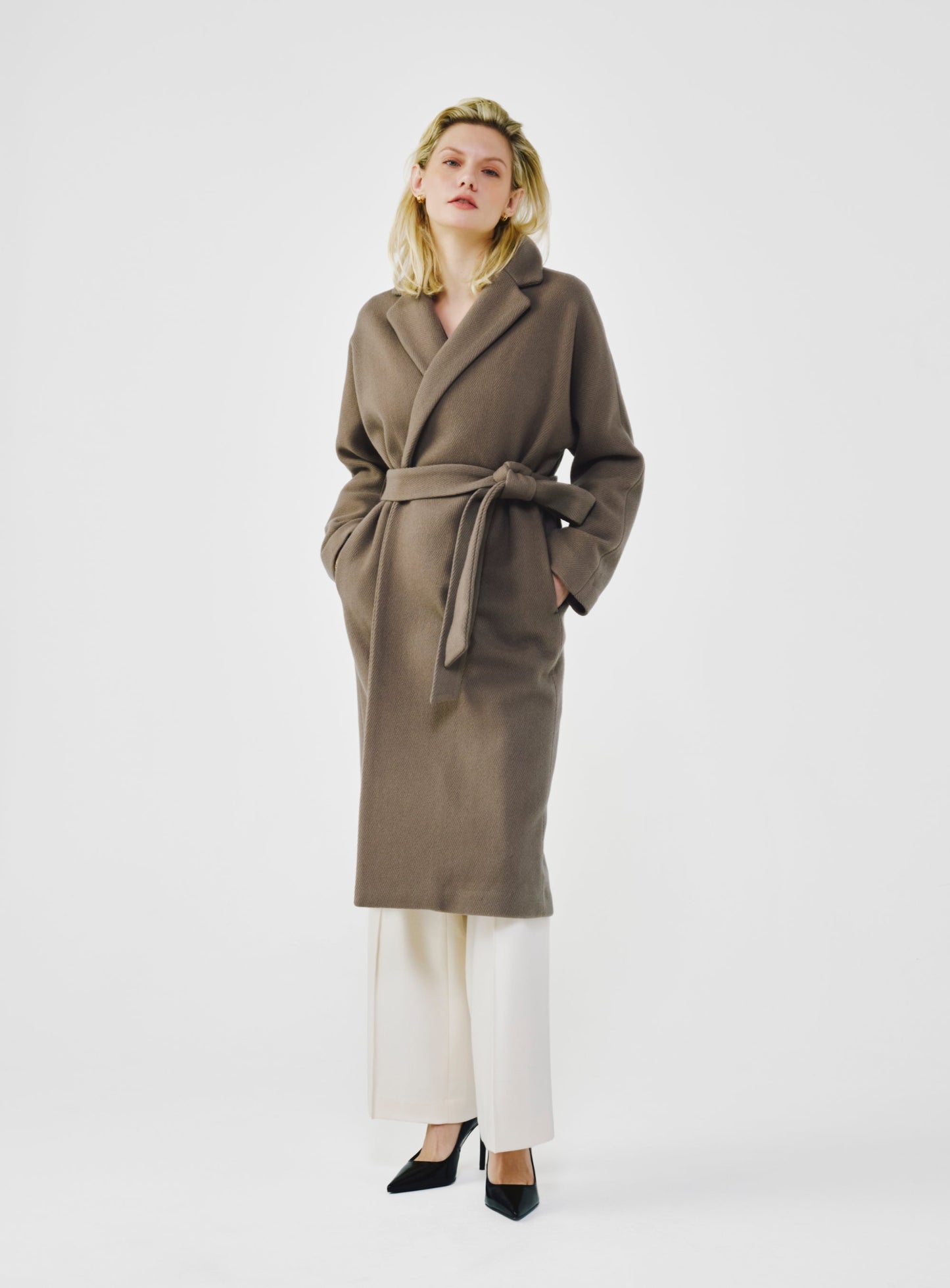 Herringbone Virgin Wool Wrap Coat