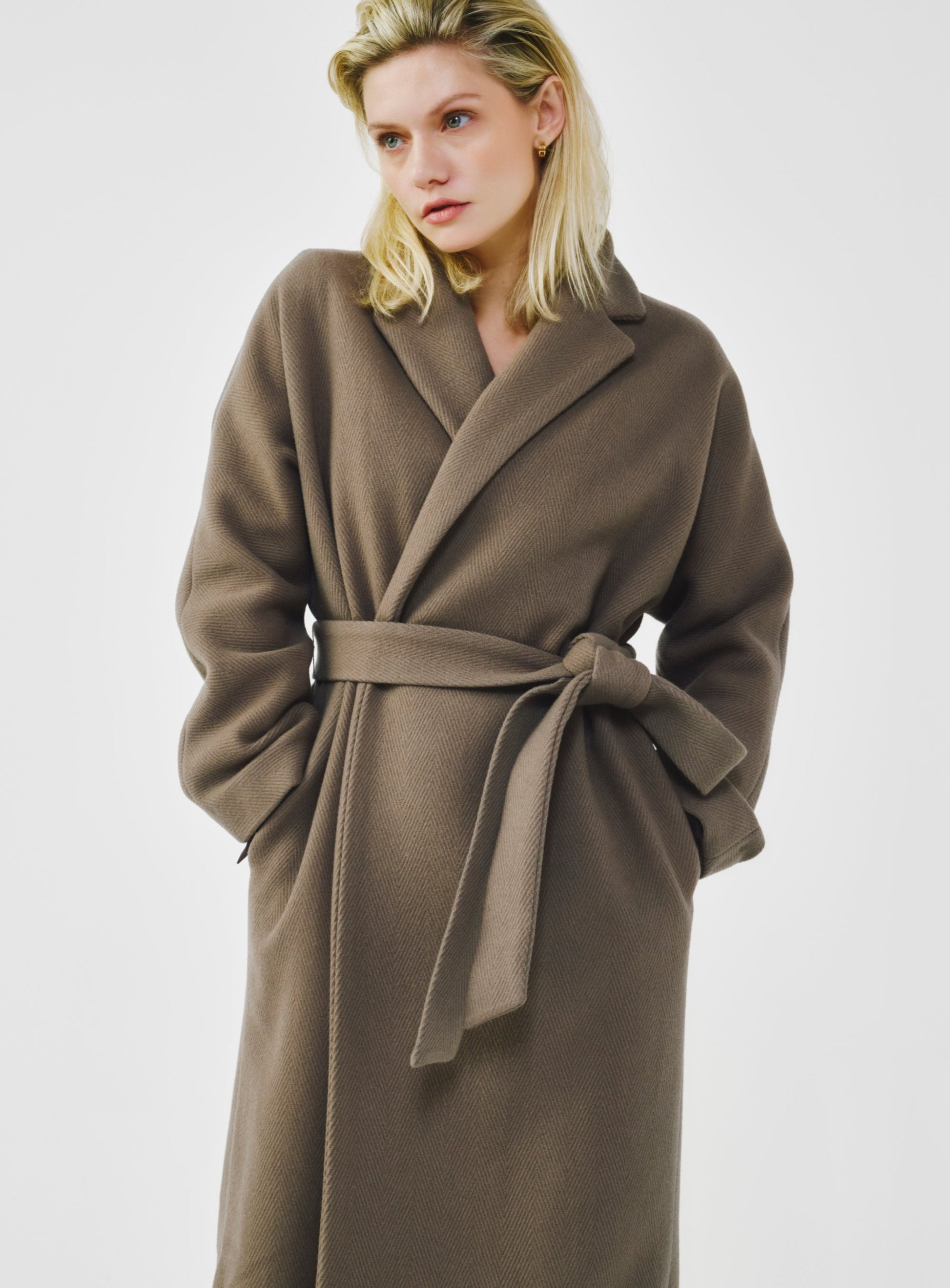Herringbone Virgin Wool Wrap Coat