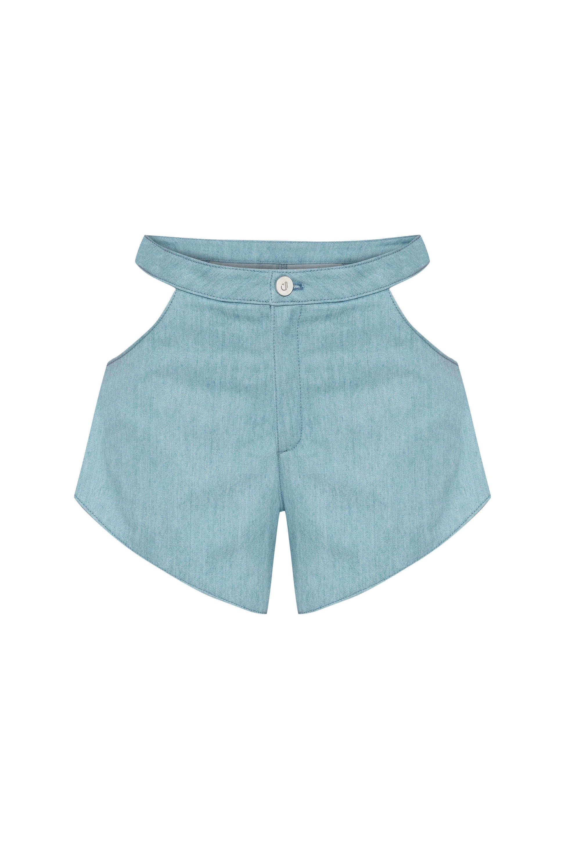 JENDUE Belinda Asymmetrical Cut-Out High-Waist Denim Shorts