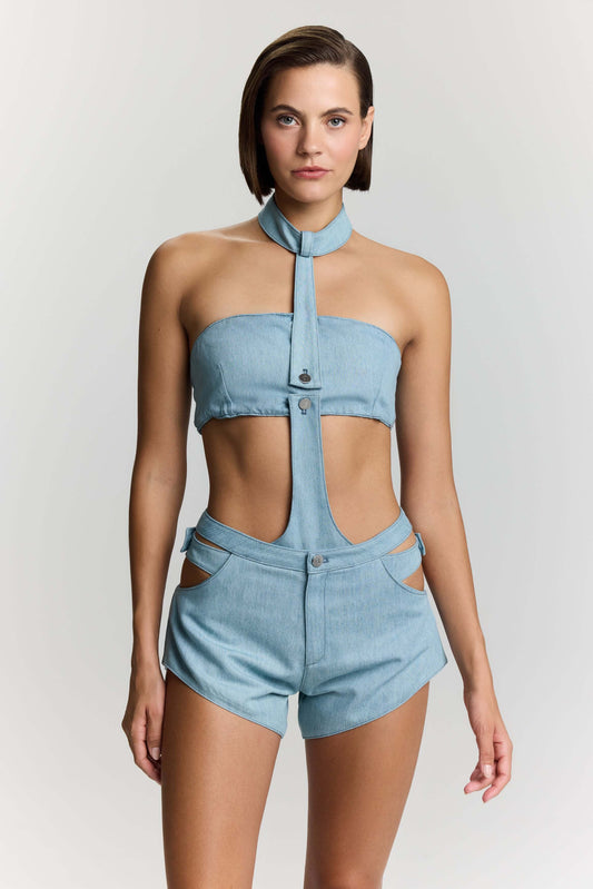 JENDUE Belinda Asymmetrical Cut-Out High-Waist Denim Shorts
