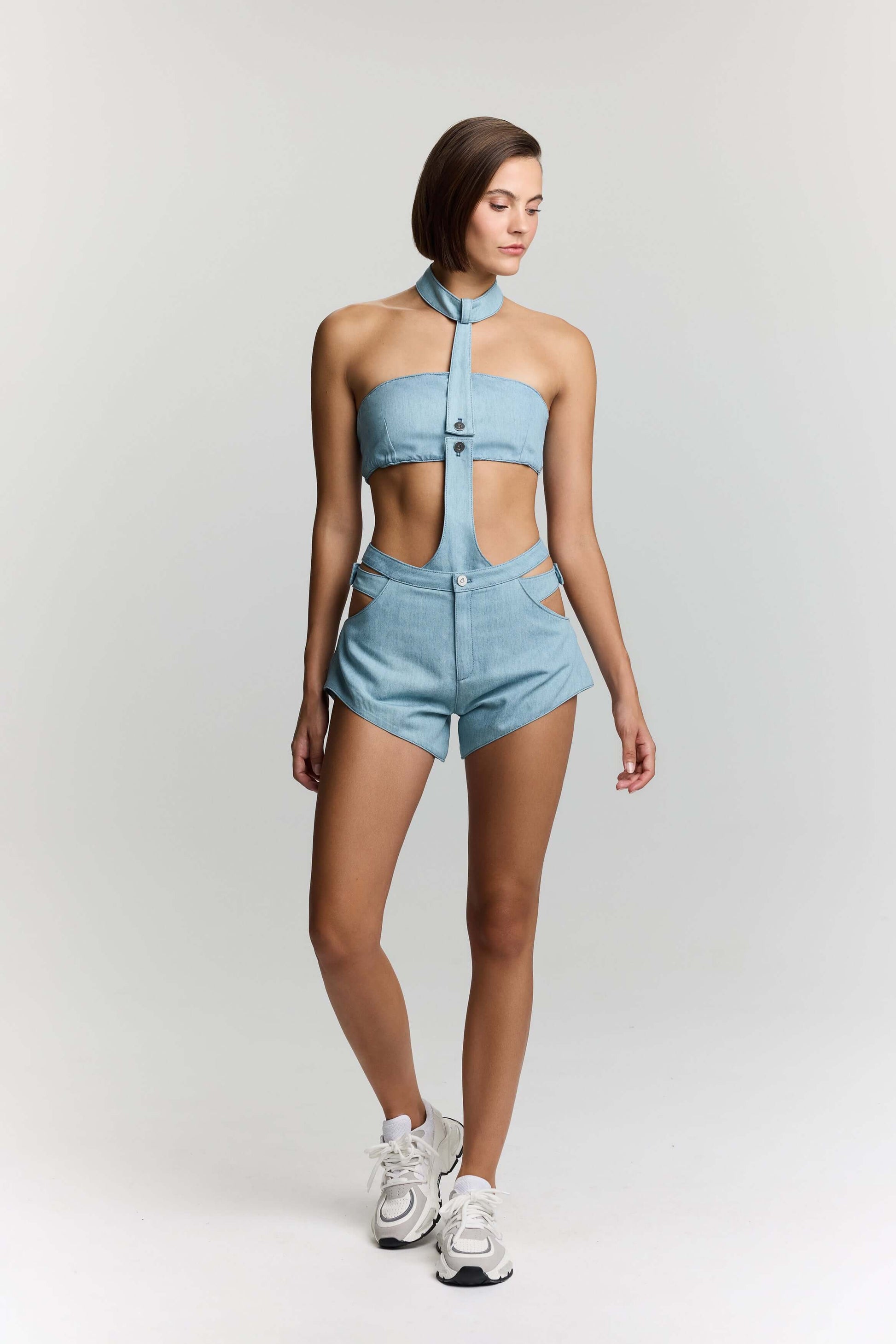 JENDUE Belinda Asymmetrical Cut-Out High-Waist Denim Shorts