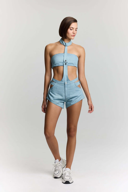 JENDUE Belinda Denim Bodysuit - Chic Cut-Out Design