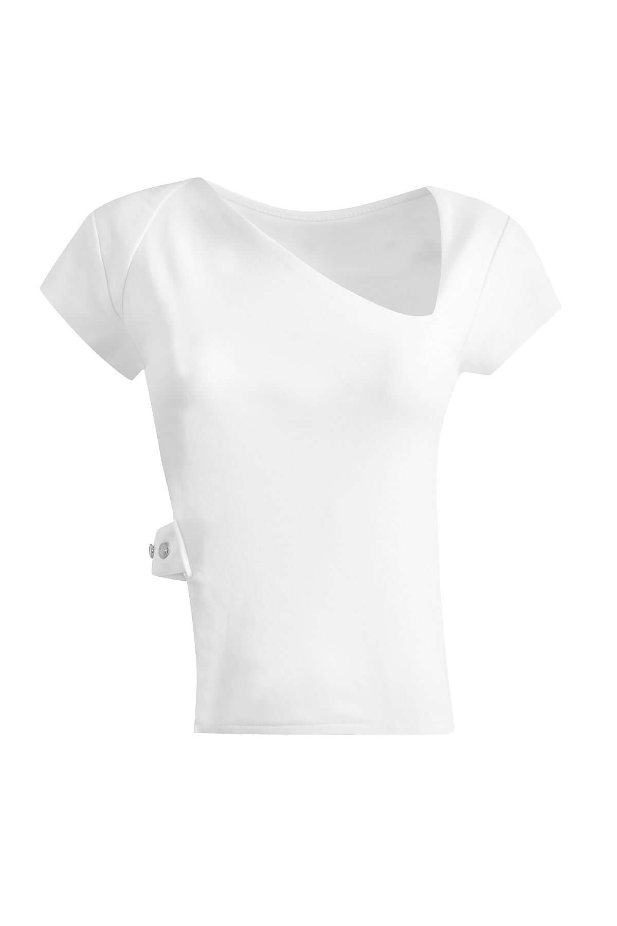 JENDUE Celeste Denim T-Shirt - Unique Asymmetrical White Top