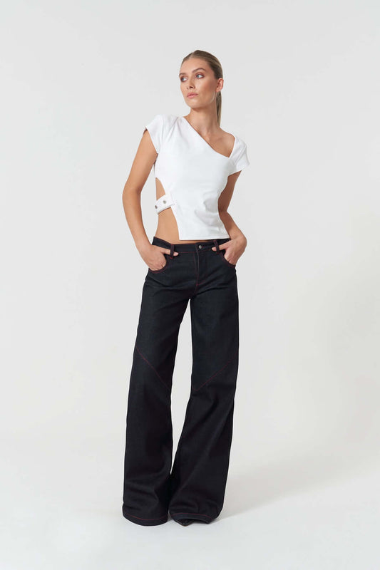 JENDUE Celeste Denim T-Shirt - Unique Asymmetrical White Top