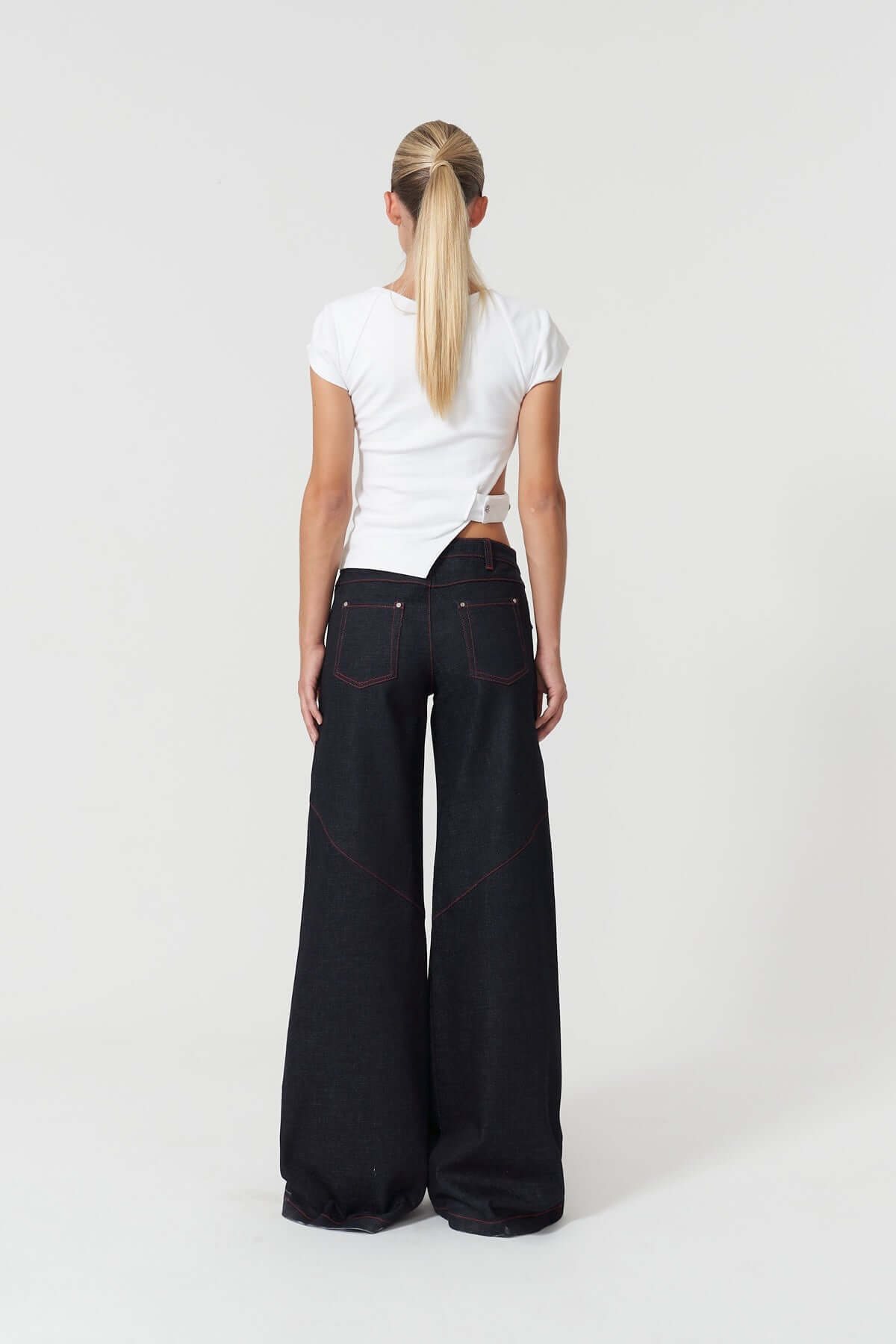 JENDUE Celeste Denim T-Shirt - Unique Asymmetrical White Top