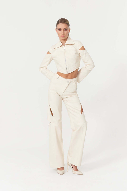 JENDUE Chaby Cropped Denim Jacket - Women's Cutout Shoulder