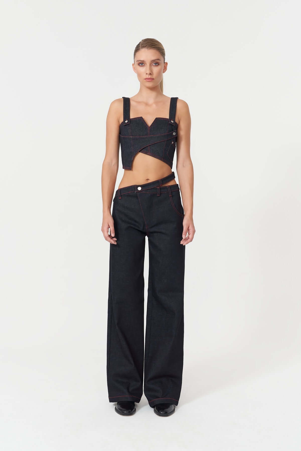 JENDUE Davidson Asymmetric Belt Denim Jean - Unique Wide Leg