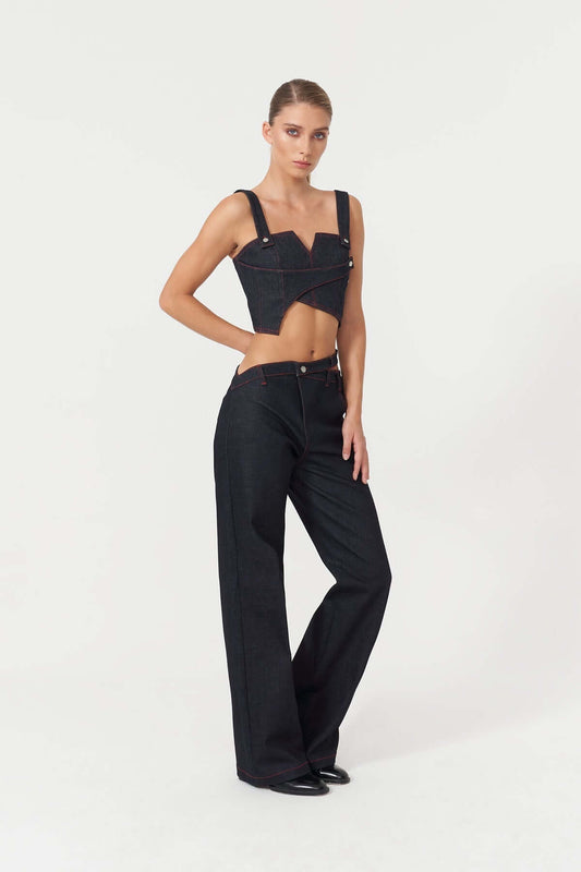 JENDUE Davidson Asymmetric Belt Denim Jean - Unique Wide Leg
