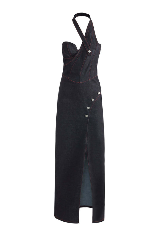 JENDUE Davidson Denim Maxi Dress - One Shoulder Design
