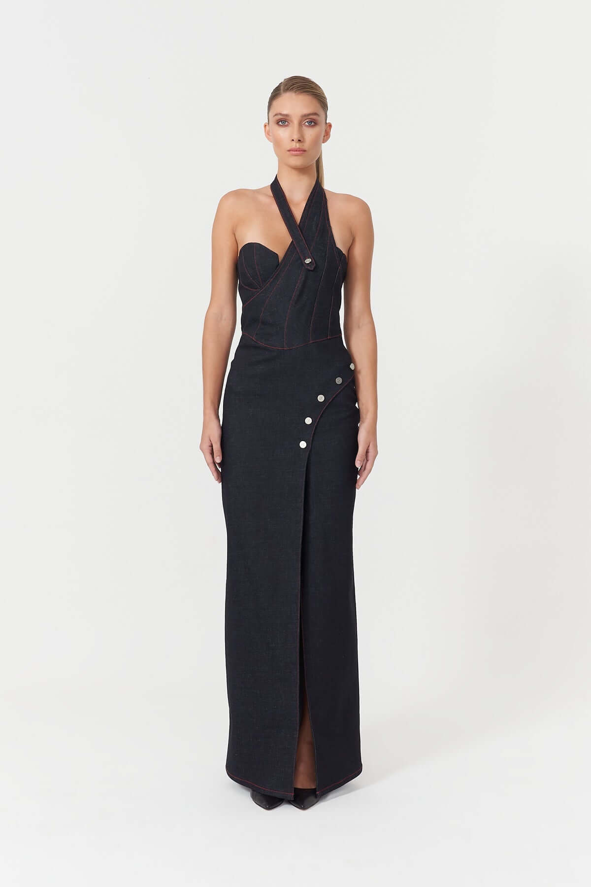 JENDUE Davidson Denim Maxi Dress - One Shoulder Design