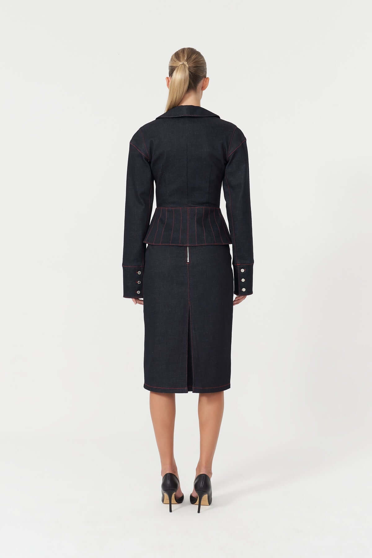 JENDUE Davidson Denim Skirt - Classic Dark Wash Pencil Skirt