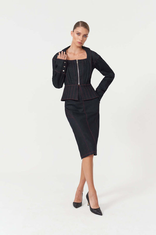 JENDUE Davidson Denim Skirt - Classic Dark Wash Pencil Skirt