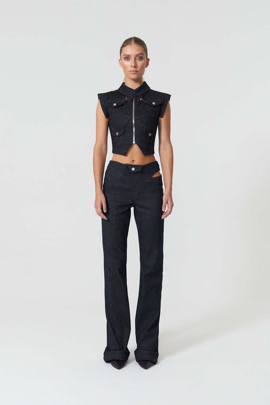 JENDUE Davidson Denim Vest - Stylish Cropped Jean Top