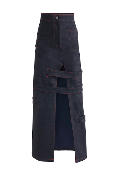 JENDUE Davidson Maxi Denim Skirt - High-Slit & Strappy