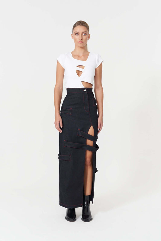 JENDUE Davidson Maxi Denim Skirt - High-Slit & Strappy