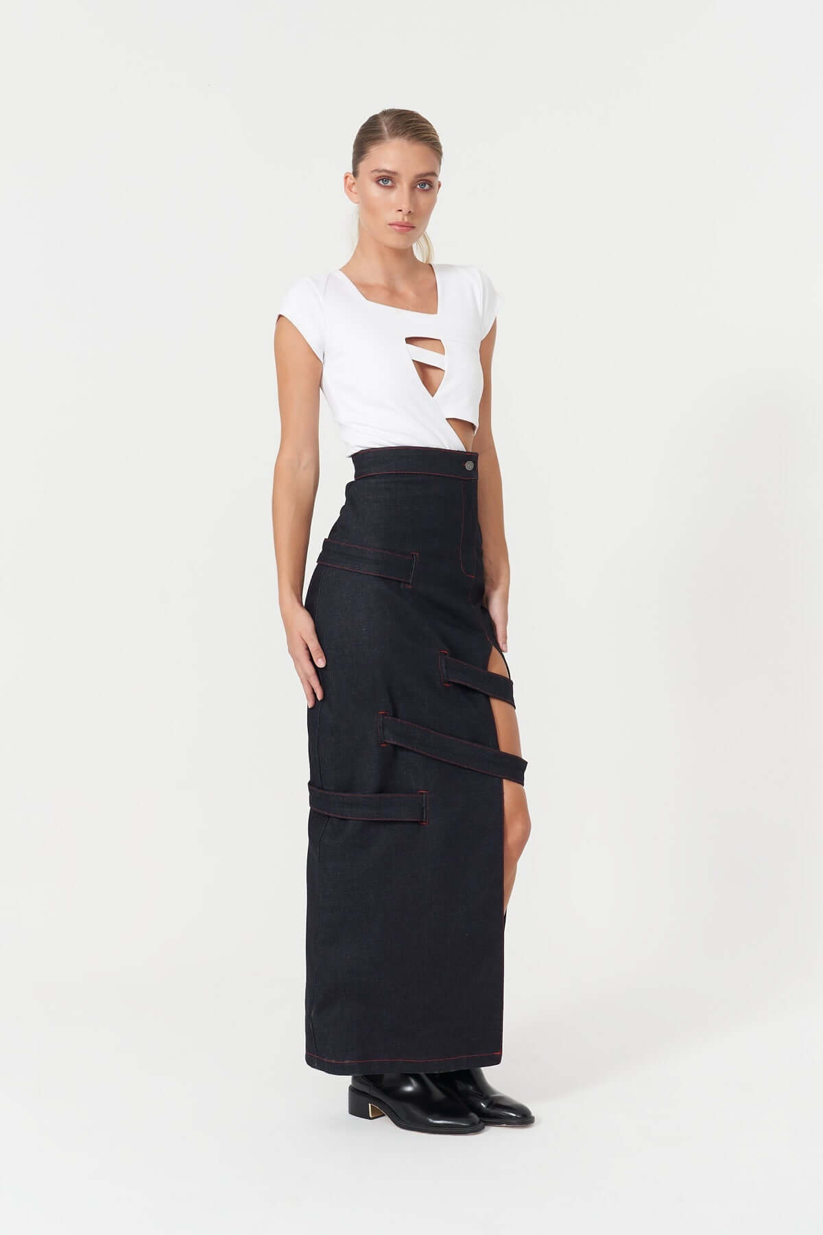 JENDUE Davidson Maxi Denim Skirt - High-Slit & Strappy