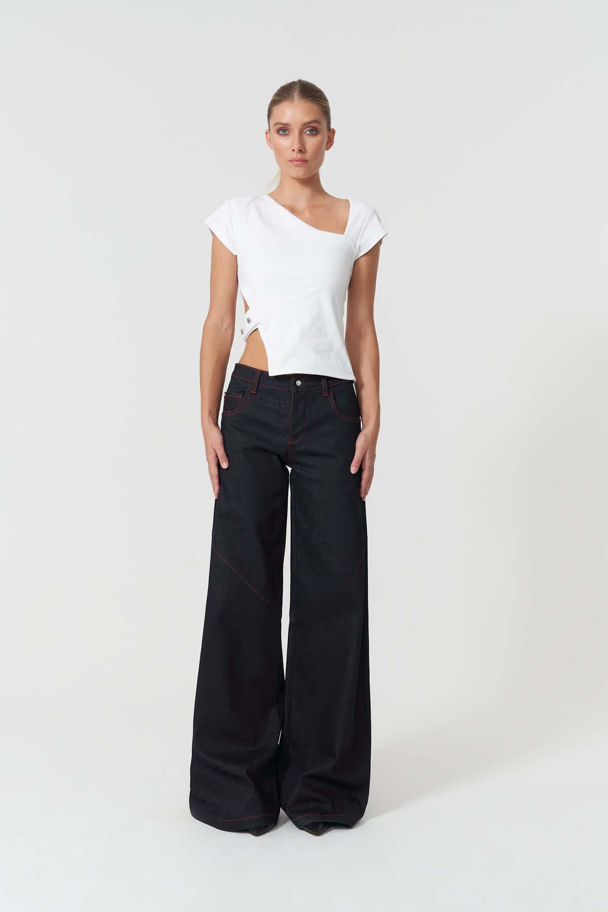 JENDUE Davidson Wide Leg Denim Jean - Dark Wash & Red Stitch