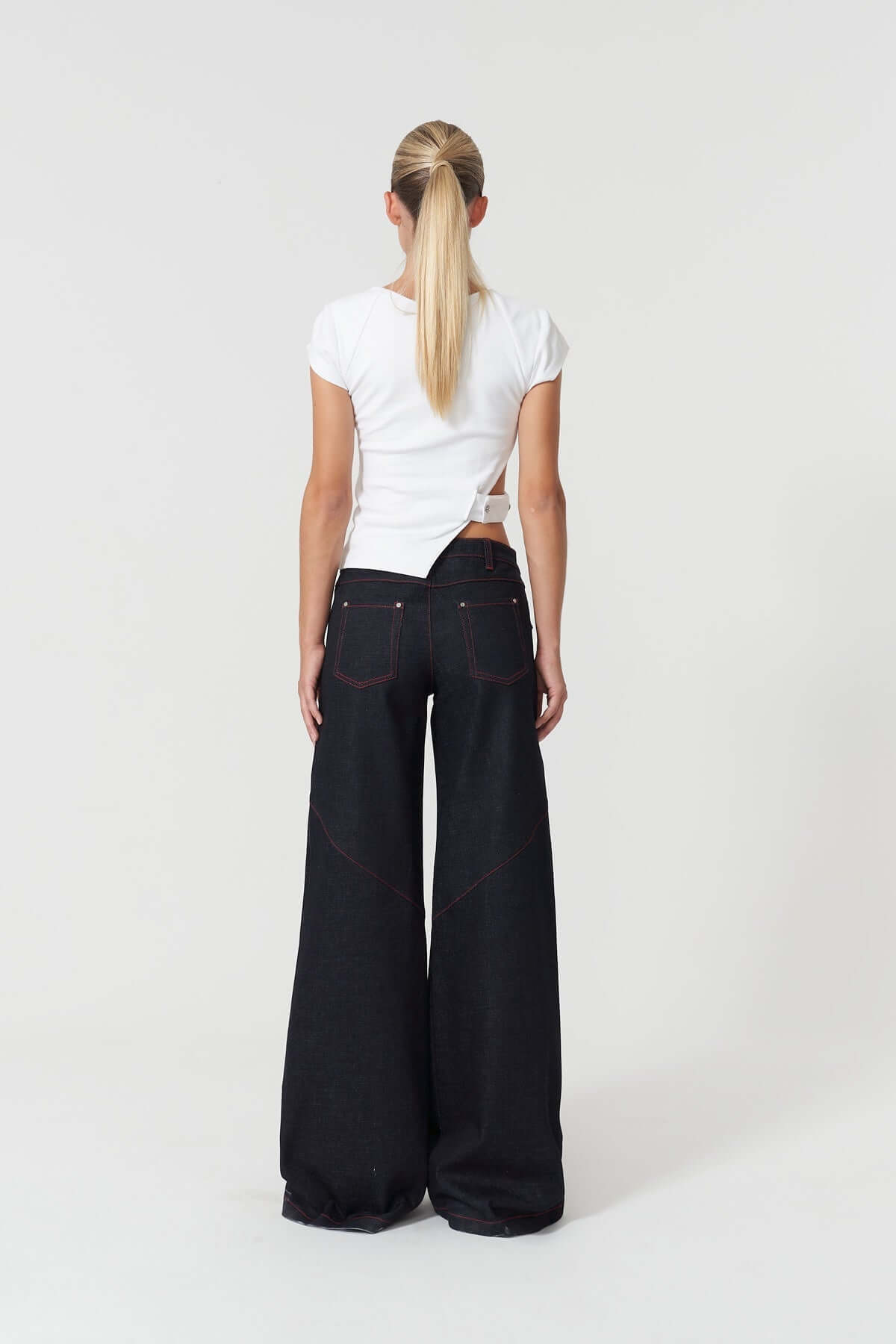 JENDUE Davidson Wide Leg Denim Jean - Dark Wash & Red Stitch