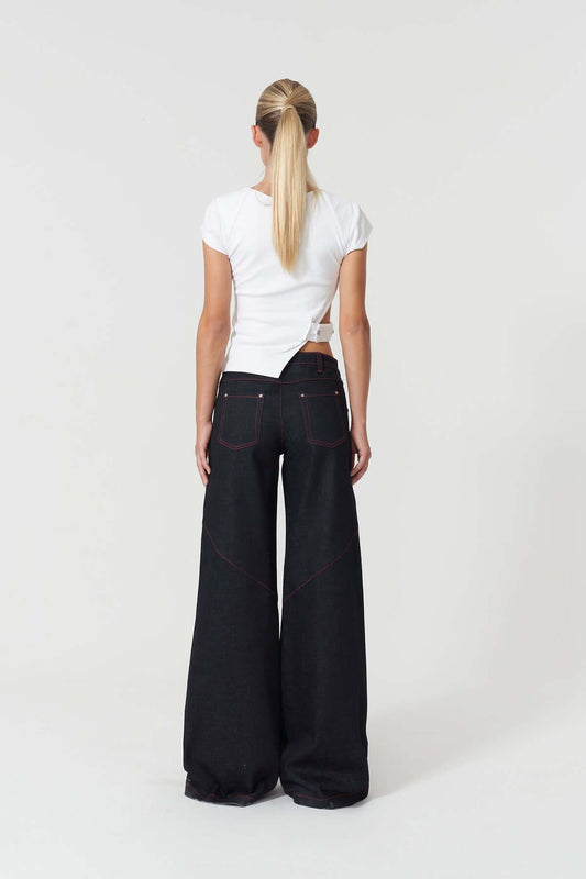 JENDUE Davidson Wide Leg Denim Jean - Dark Wash & Red Stitch