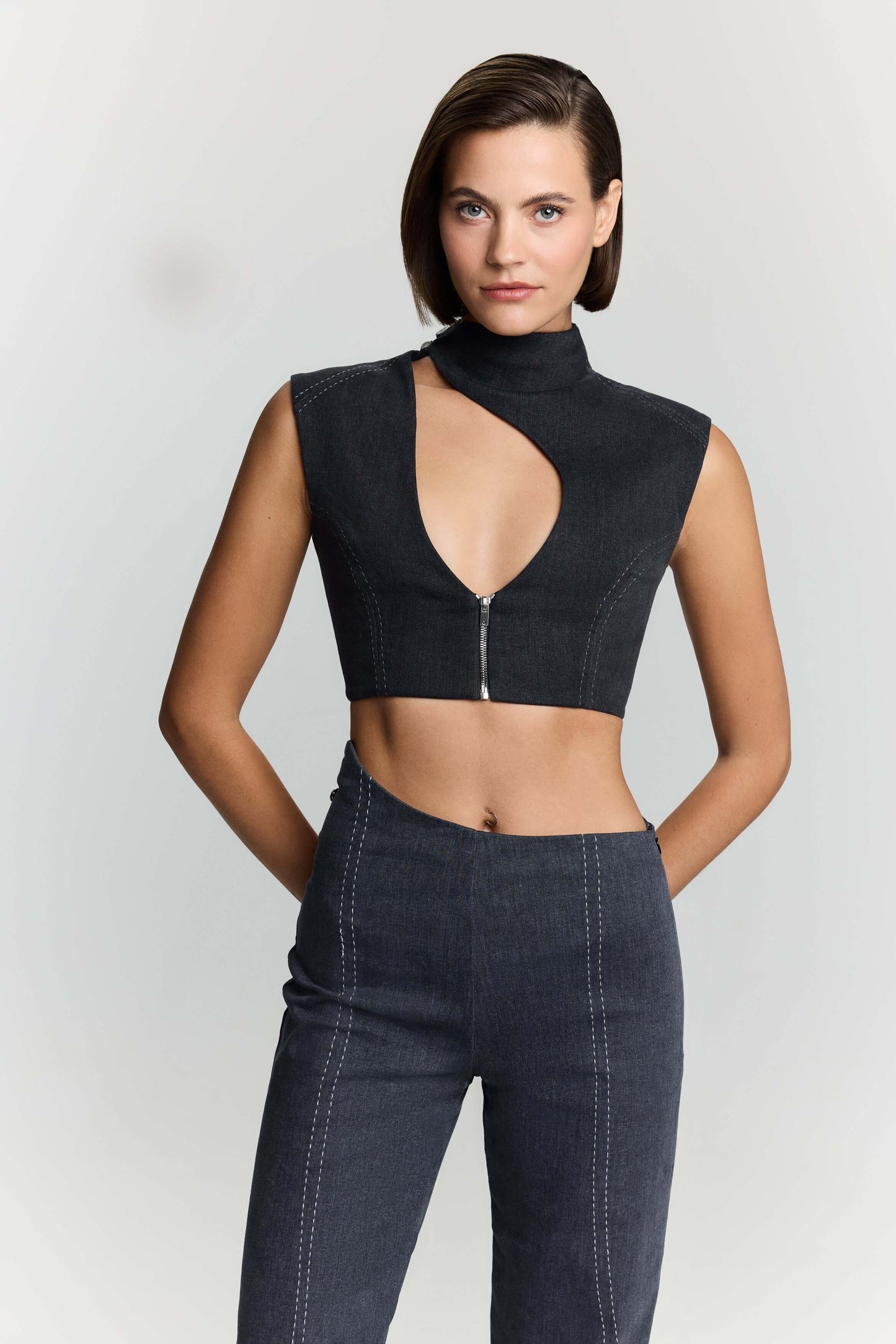 JENDUE Dew Drop Denim Vest - Unique Asymmetrical Zipper Top