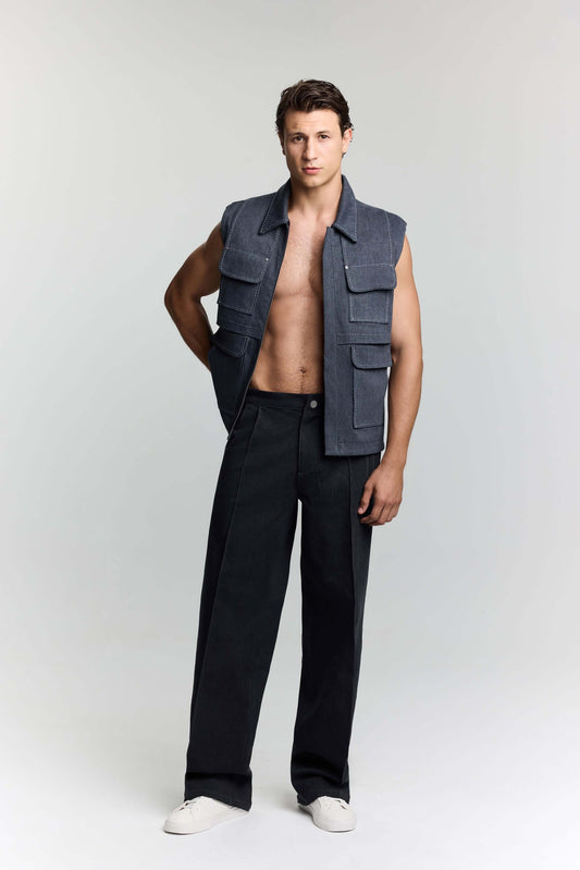 JENDUE Edgar Denim Vest - Men's Sleeveless Utility Jacket