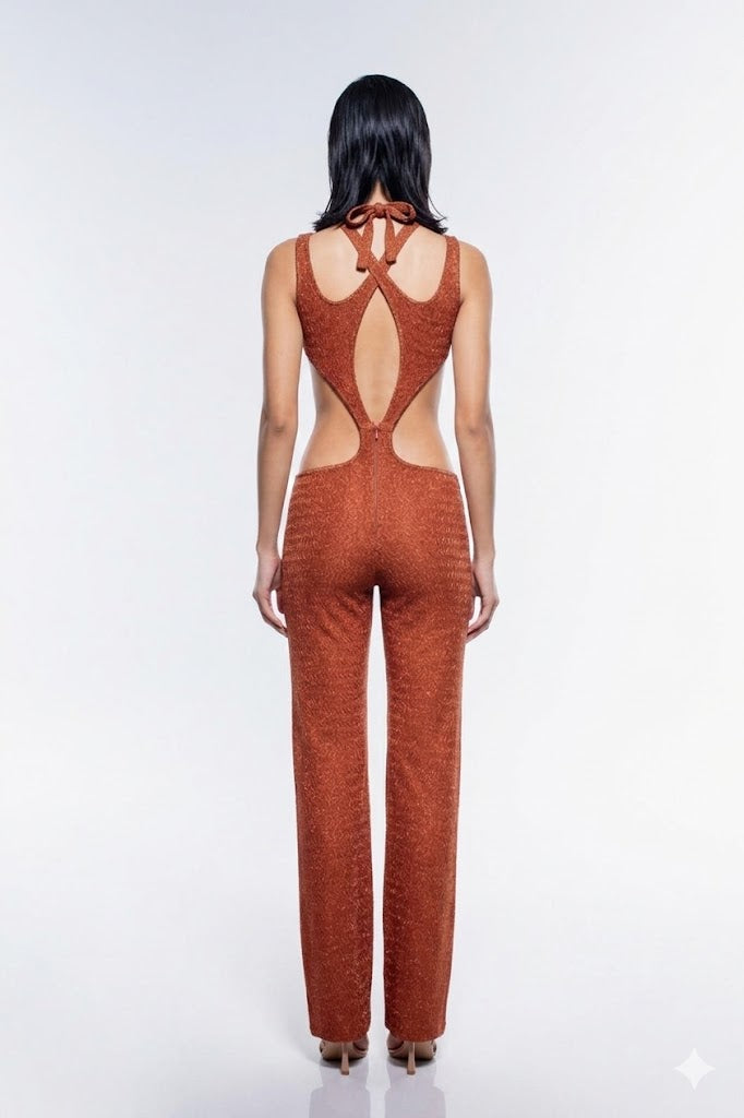 JENDUE Elion Jumpsuit - CutOut Halter Glitter Knit One-Piece