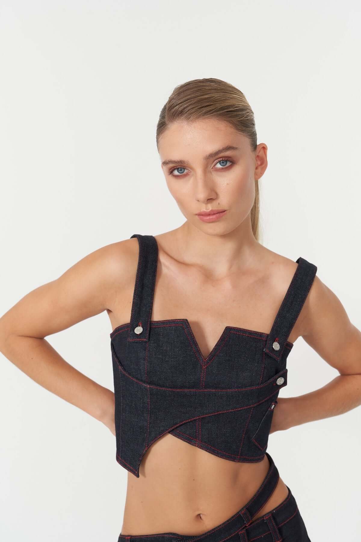 JENDUE Harvey Denim Crop Top | Unique Strappy Design