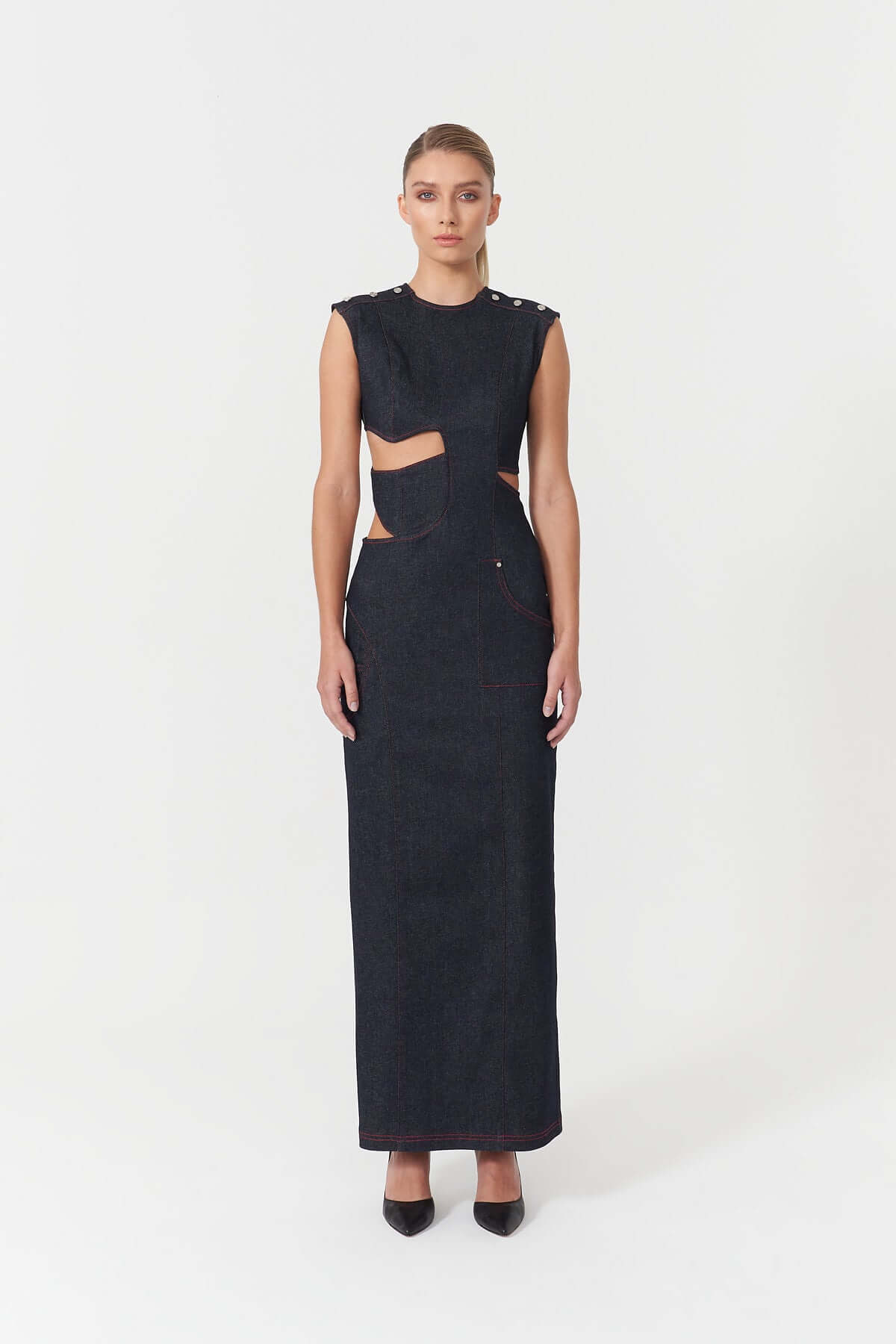 JENDUE Harvey Maxi Denim Dress - Unique Cut-Out Design