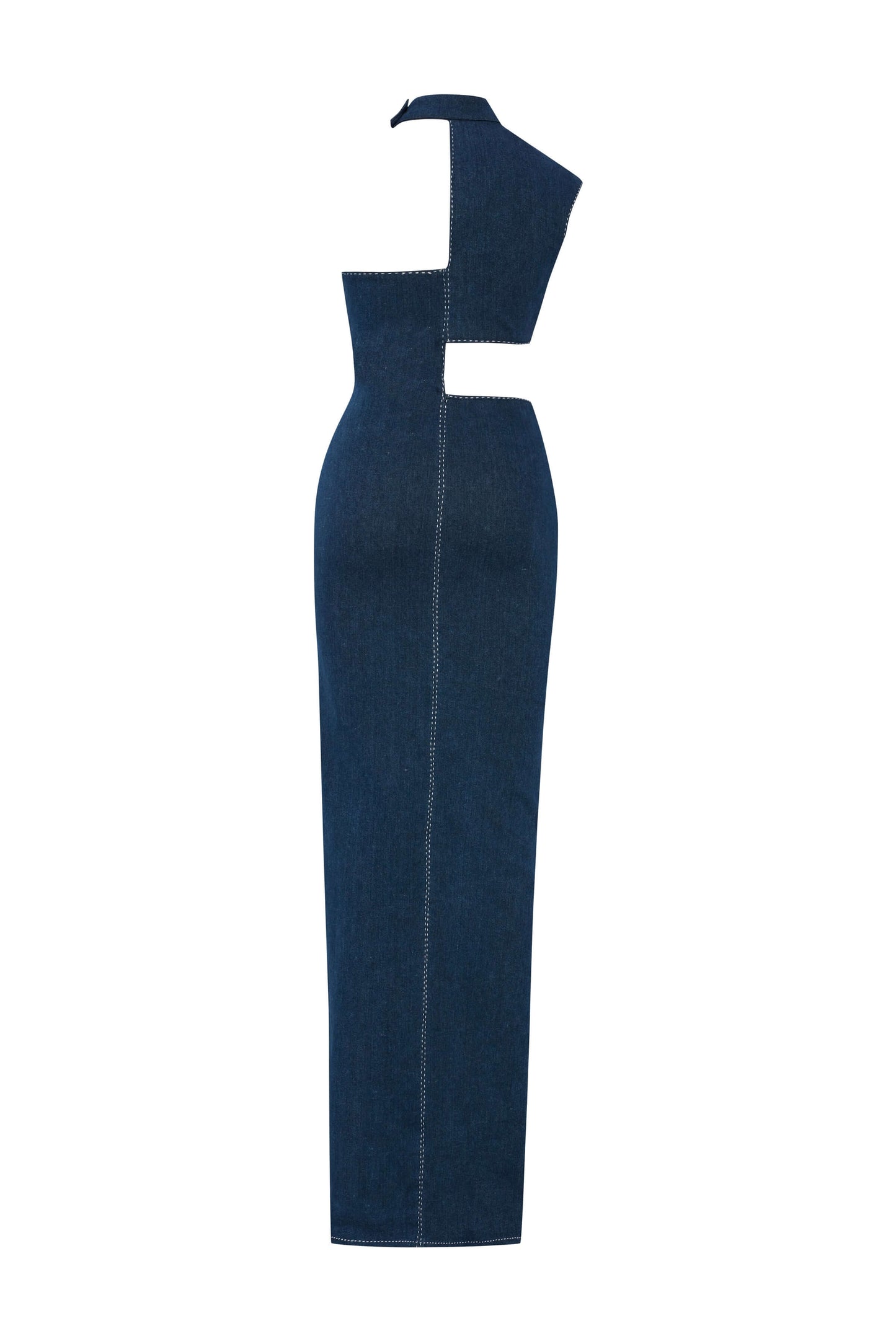 JENDUE Ivy Denim Dress - Asymmetrical Cut-Out Maxi Dress