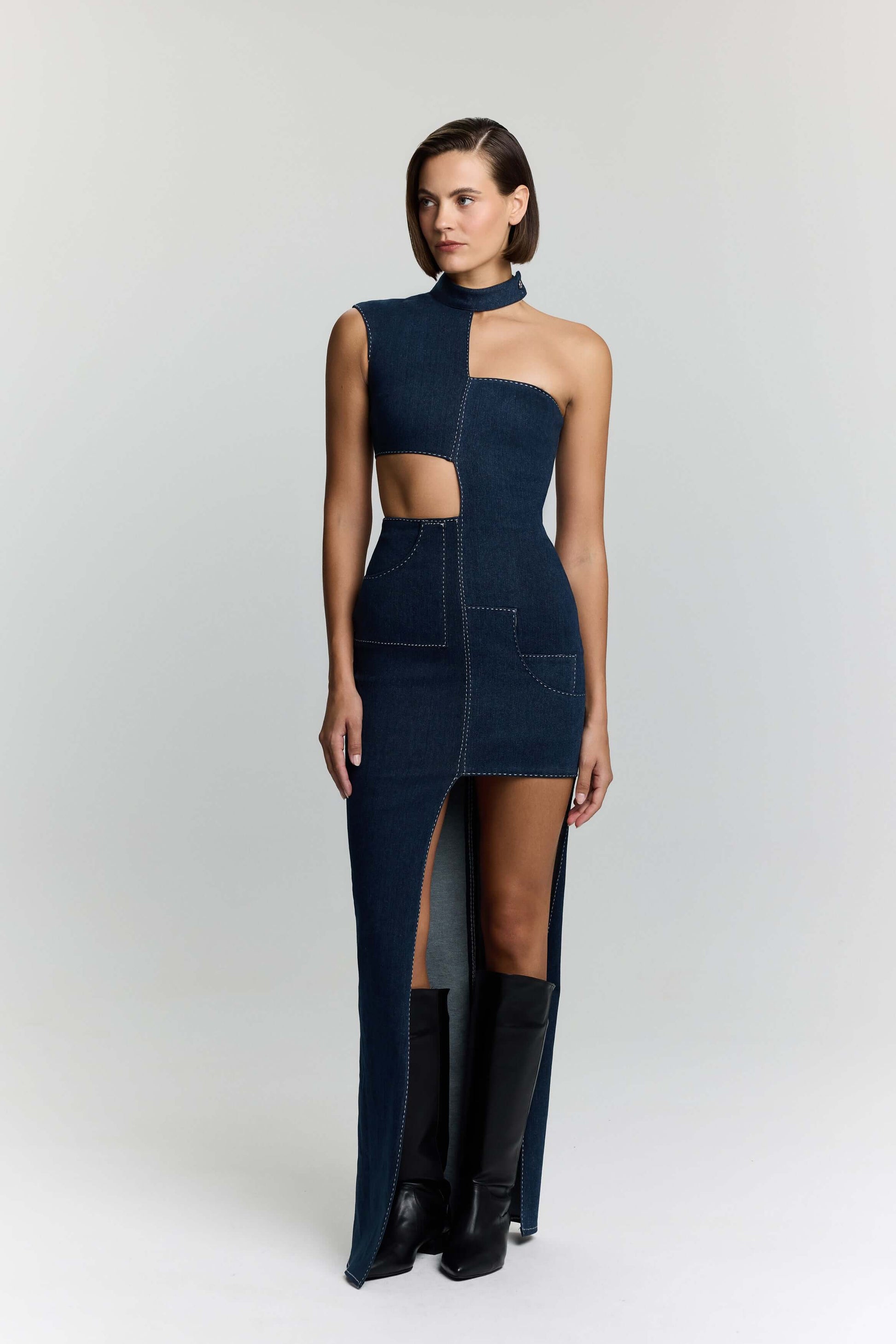 JENDUE Ivy Denim Dress - Asymmetrical Cut-Out Maxi Dress