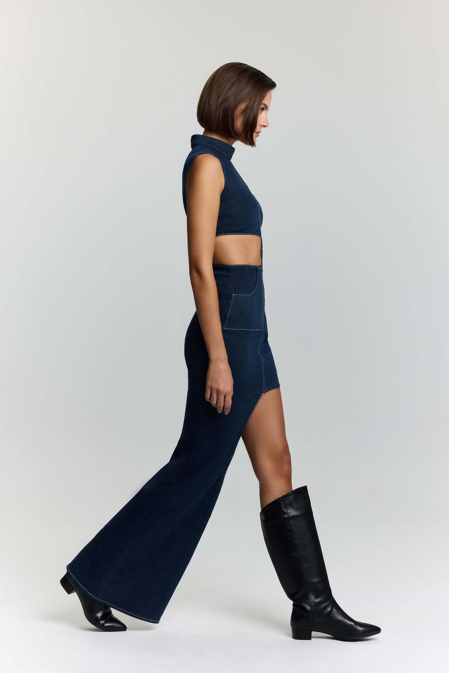 JENDUE Ivy Denim Dress - Asymmetrical Cut-Out Maxi Dress