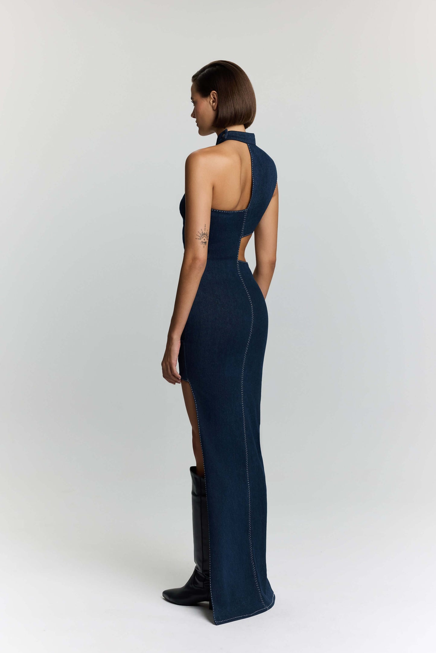 JENDUE Ivy Denim Dress - Asymmetrical Cut-Out Maxi Dress