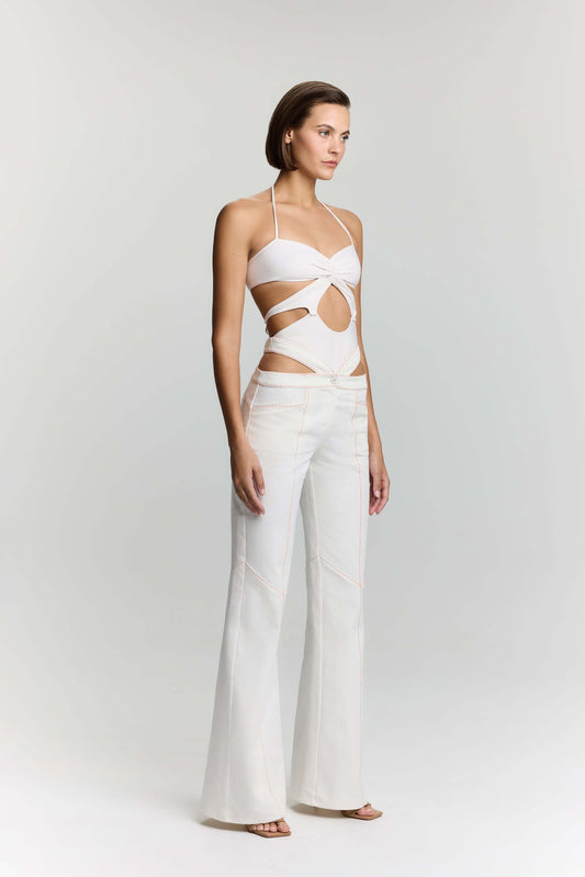 JENDUE Malaga Denim Jean - White Cut-Out Jeans for Women