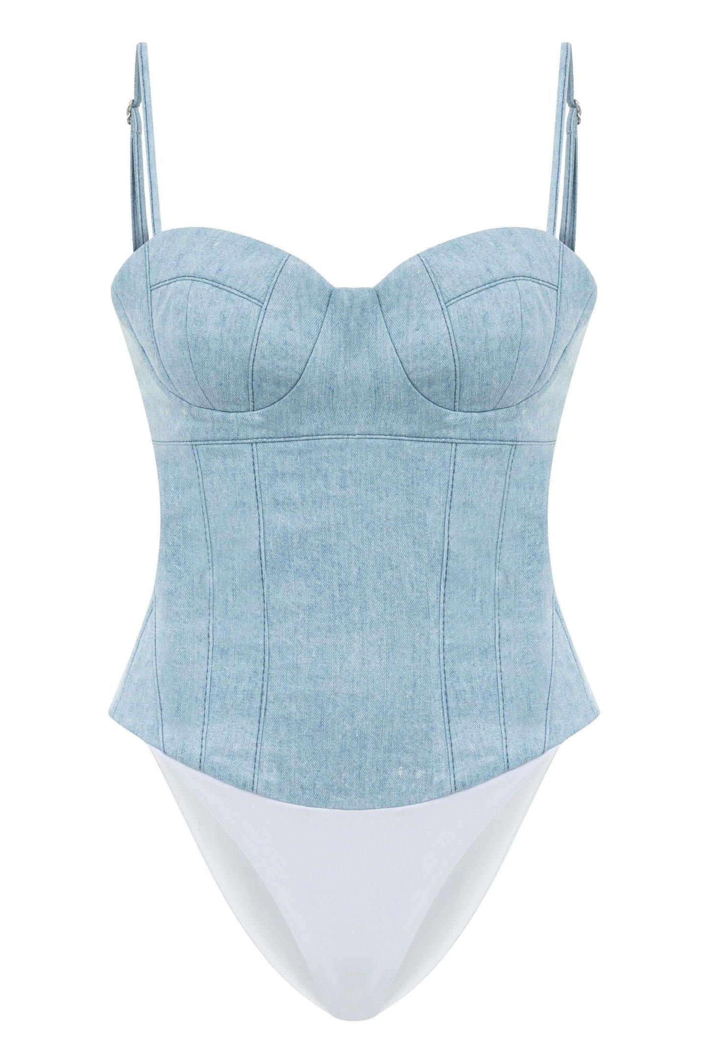 JENDUE Marvel Bodysuit Denim Top -Light Wash & Bustier Style