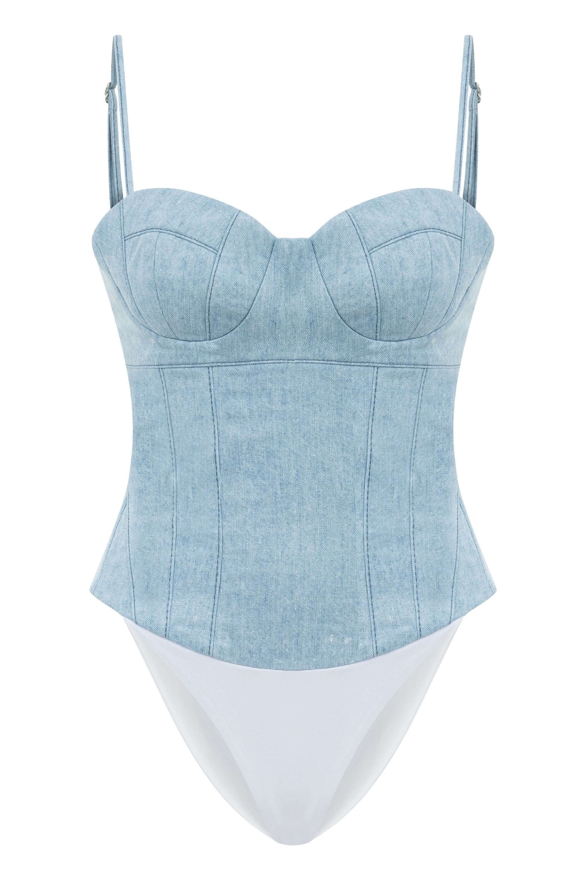 JENDUE Marvel Bodysuit Denim Top -Light Wash & Bustier Style